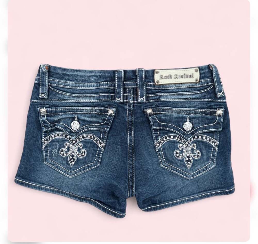 Rock Revival Sasha H13 Distressed Embellished Denim Shorts Size 30